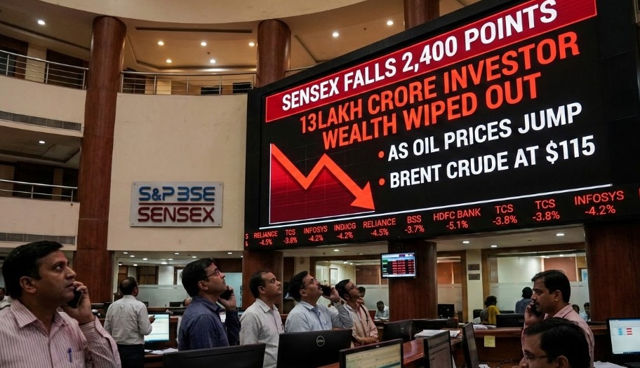 Sensex Falls 2,400 Points, 13 Lakh Crore Investor Wealth Wiped Out as Oil Prices Jump